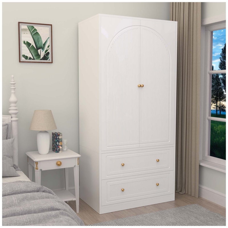 Armoire-penderie Armoire, rangement en tissu en bois avec 2 tiroirs de rangement et tiges de suspension amovibles, blanc