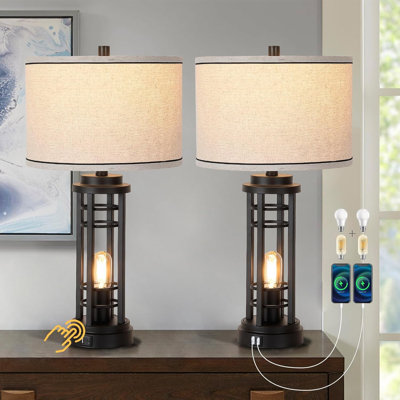 Touch Control Table Lamps Set Of 2 With USB Ports, 3-Way Dimmable Bedside Lamps For Living Room Bedroom,Rustic Farmhouse Table Lamp With Nightlight,Industrial Nightstand Lamp ,4 Bulbs Included