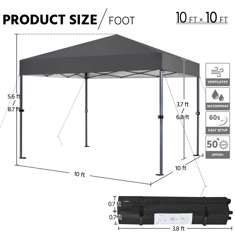 Metal Pop-Up Canopy with One-Push-To-Lock Setup Mechanism, 10' W x 10' D, Dark Gray