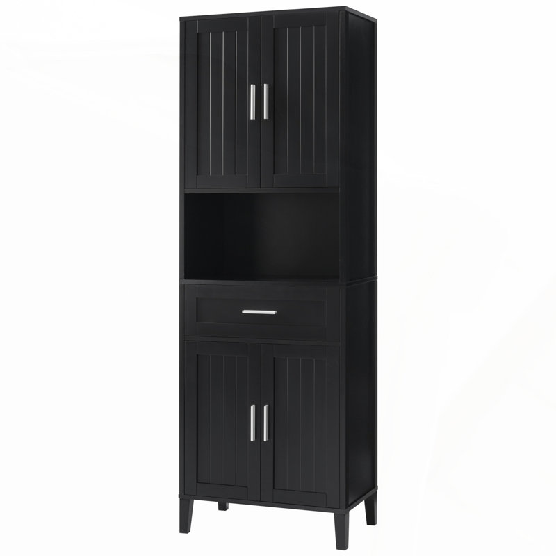 Grande armoire de salle de bain autoportante avec tiroir, armoires, portes à fermeture douce, tablettes réglables, rangement ouvert pour une utilisation polyvalente