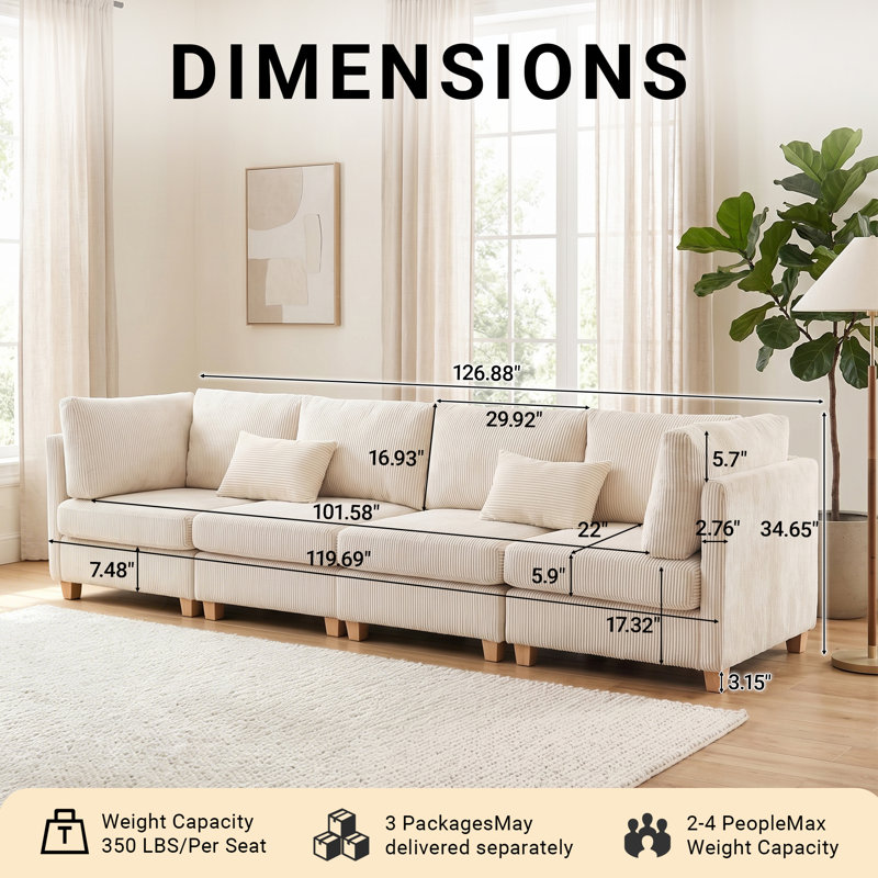 Canapé modulaire 126,8 po Comfy Cloud Couch, Beige Corduroy