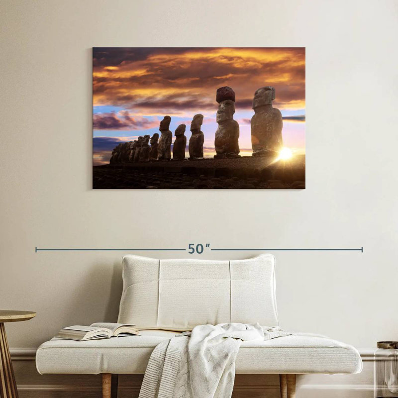 Lilie, soleil levant sur des statues Moai, H 26 po x l 39 po