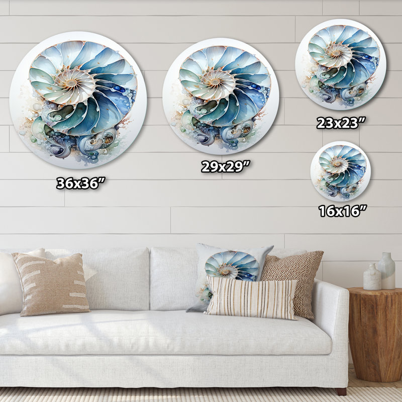Nautilus, océan, feuilles bleues symétriques - animaux, art en métal rond, H 36 po x l 36 po