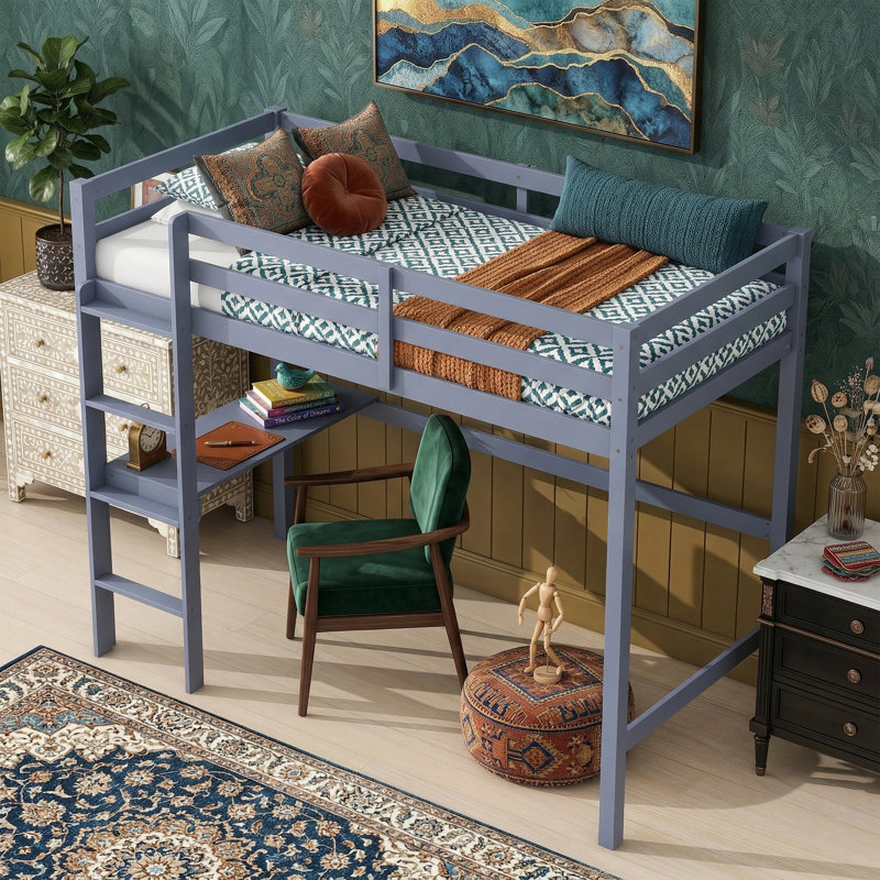 Lit mezzanine simple haut 78,6 po avec bureau intégré - Structure de lit d'étude en bois d'hévéa massif - Échelle de sécurité intégrée et garde-corps - Gris