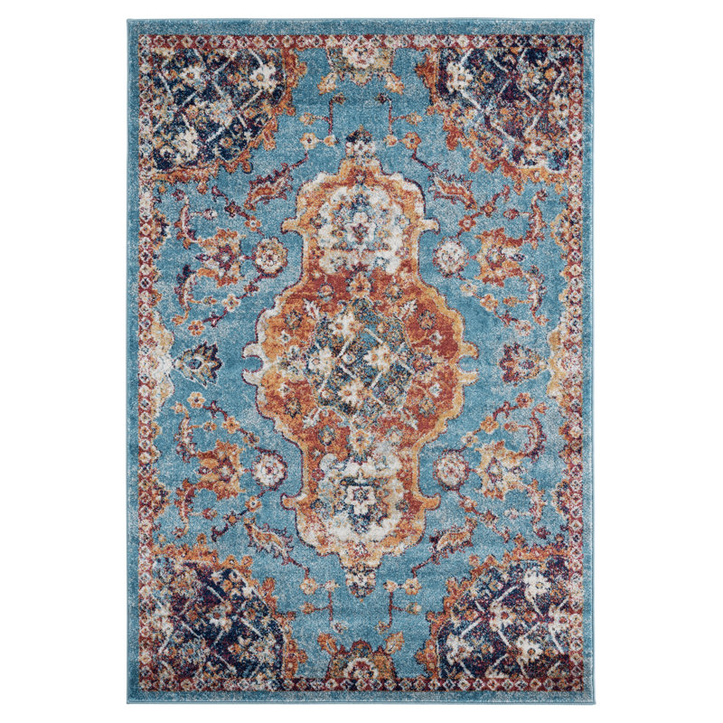 Tapis turquoise / orange Lennert Medallion, Rectangle 7 pi 10 po x 10 pi 6 po