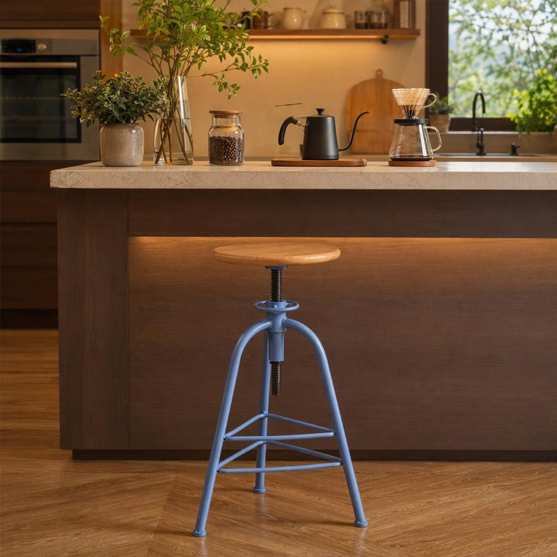 Tabouret de bar à hauteur réglable avec rotation à 360° et assise ronde en bois, structure en métal de style industriel, idéal pour îlot de cuisine, pub, café, bleu, ensemble de 2