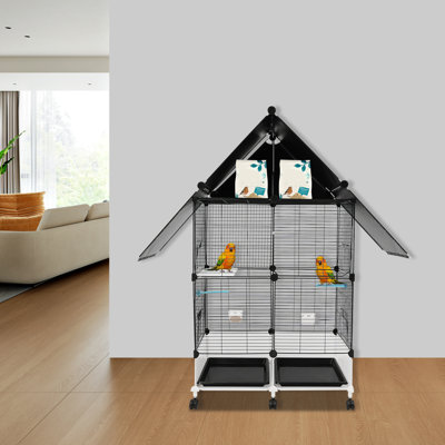 Large Metal Bird Cage With Wheels, Parrot Cage For Small Medium Birds, Rolling Bird House With Perches Tray Feeder