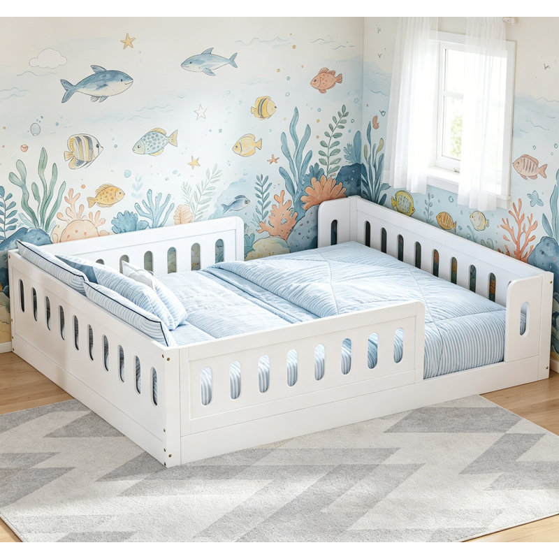 Lit plateforme en bois pleine grandeur avec garde-corps, sécuritaire et robuste pour les enfants, sans sommier, Blanc