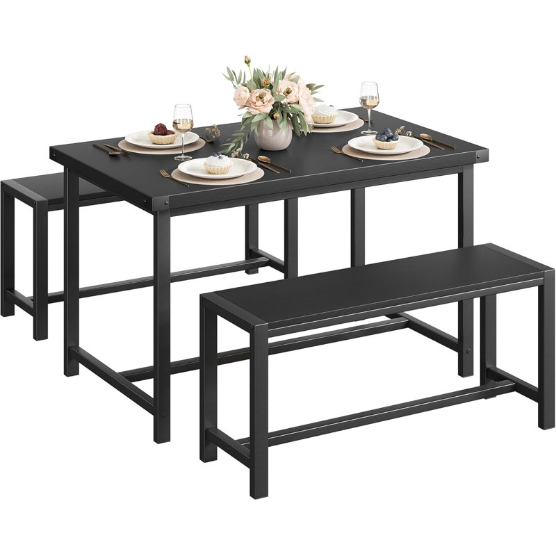 Dining Table Set For 4 With 2 Benches, Kitchen Table Set For 4-6 With Corner Protector, Black