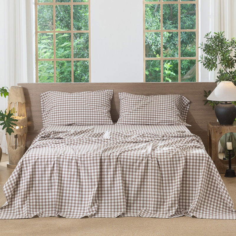 Ensemble de draps 100% coton lavé MooMee, Ensemble de draps pour très grand lit avec 2 taie, Brun