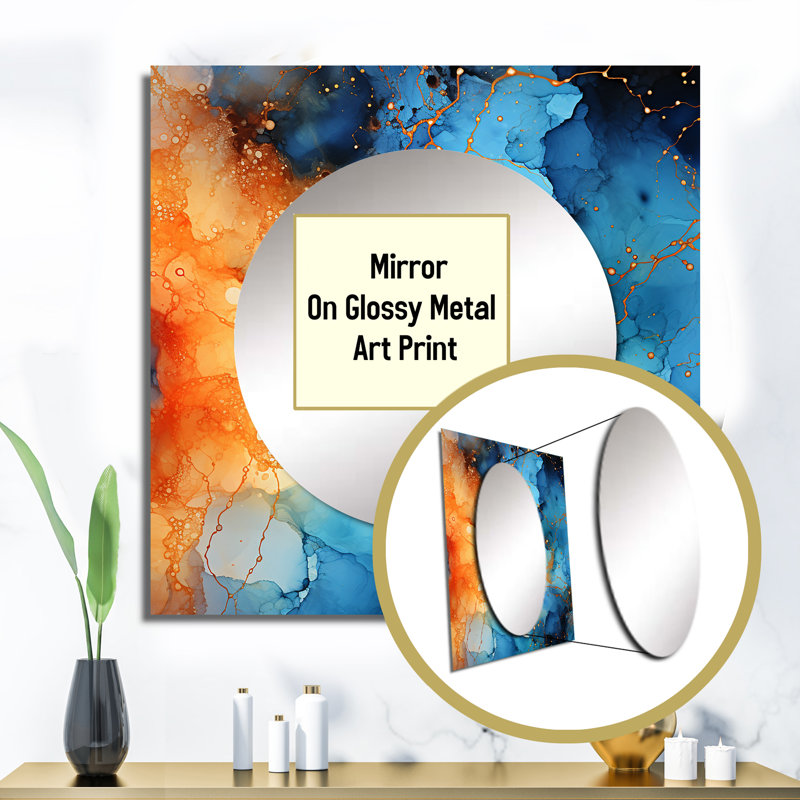 Love Spirit Turquoise And Orange Marble Art I - Abstract Large Square Mirror For Wall Art Decor, 23" x 23"