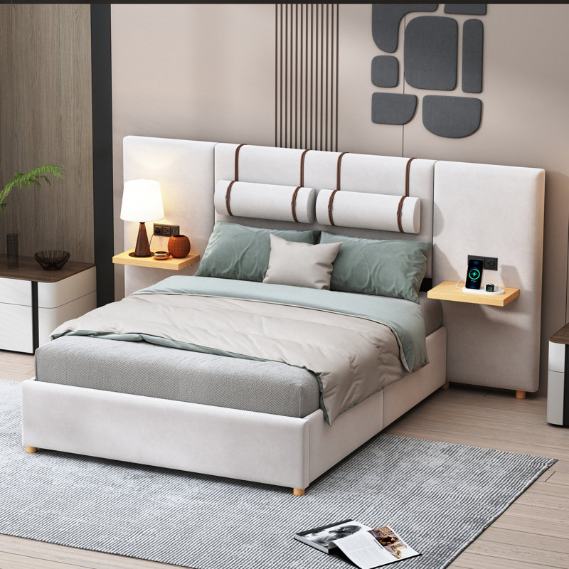 Queen Size Upholstered Platform Bed with Built-in Pillows, Side Storage Shelves, Power Outlets & USB Ports, Beige, Beige