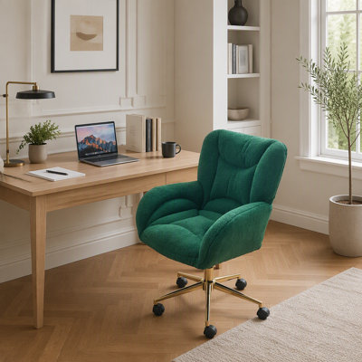Fauteuil de bureau pivotant à 360° en tissu Teddy, avec dossier en forme de cœur et roulettes universelles, vert