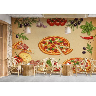Papier peint pizzéria rétro - pizza italienne avec illustrations de nourriture rustique, décor de cuisine en tissu pour restaurant 678RS (non tissé) RS678
