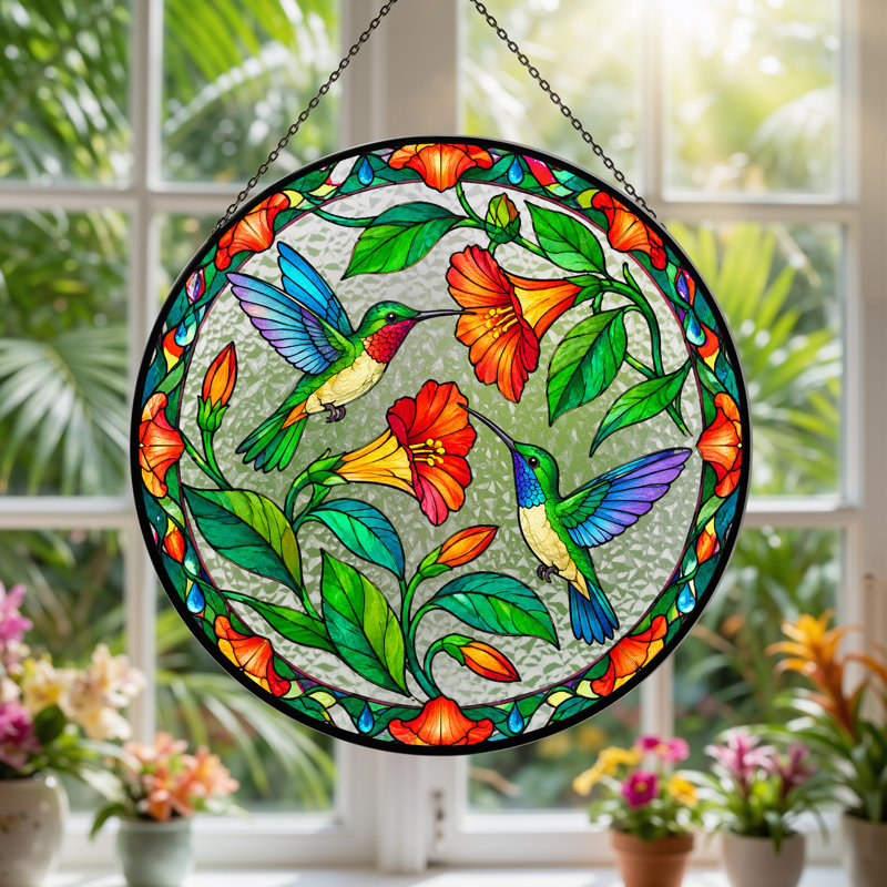 Art mural sur toile, "Colibris et fleurs orange en verre coloré", H 12 po