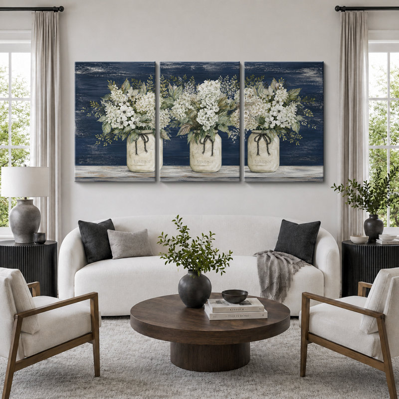 Œuvre de bouquet de pot Mason blanc, 36" H x 72" W x 1.5" D, Wrapped Canvas
