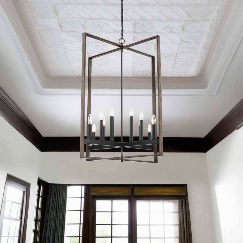 Lustre géométrique en acier 12 lumières à intensité variable Twedt certifié UL, Noyer vieilli
