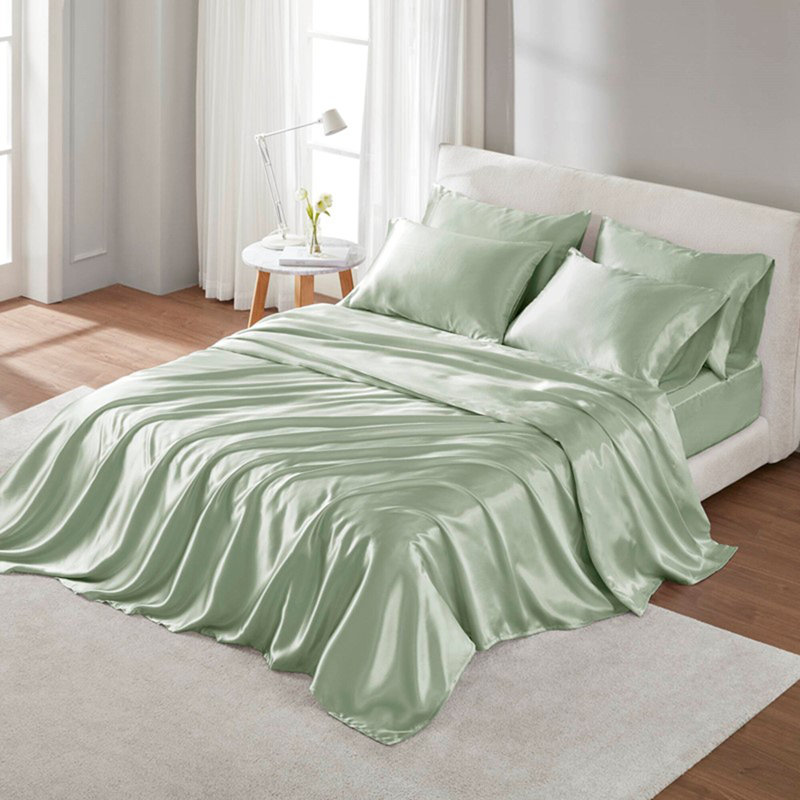 Ensemble de draps en satin de luxe, Édredon double + 3 pièces supplémentaires, Sauge