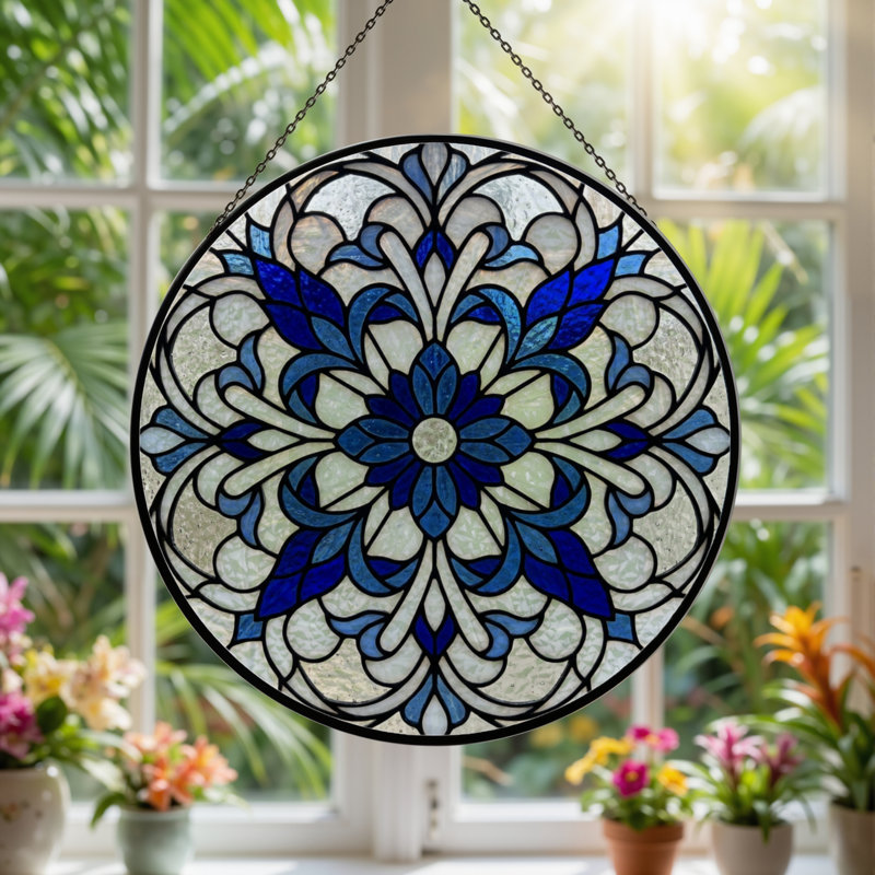 Panneau de vitrail floral bleu 7,8 "H, H 7,8 po x l 7,8 po