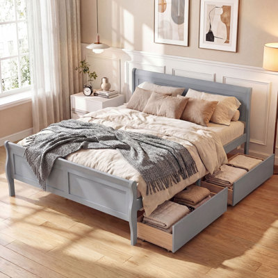 Structure de lit double avec tiroirs de rangement, lit plateforme en bois avec tête de lit gris