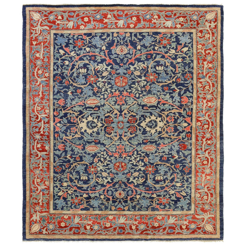 Tapis rectangulaire en laine bleu unique de 9 pi 8 po x 11 pi 3 po