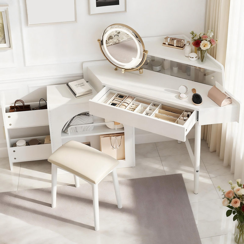 Coiffeuse d'angle peu encombrante avec miroir et tabouret à lumières DEL, coiffeuse de coin