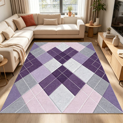 Tapis lilas gris Argyle pour le salon, doux et confortable, convient à toutes les saisons, facile à entretenir, tapis de sol intérieur lavable à la machine, sous la table de ferme convenant à la chambre à coucher, à la salle à manger, au bureau, au patio, au balcon, à la décoration intérieure