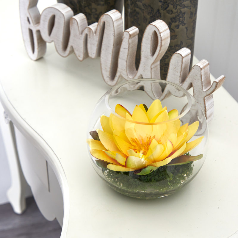 Yellow Lotus Artificial Arrangement in Glass Vase with Faux Moss