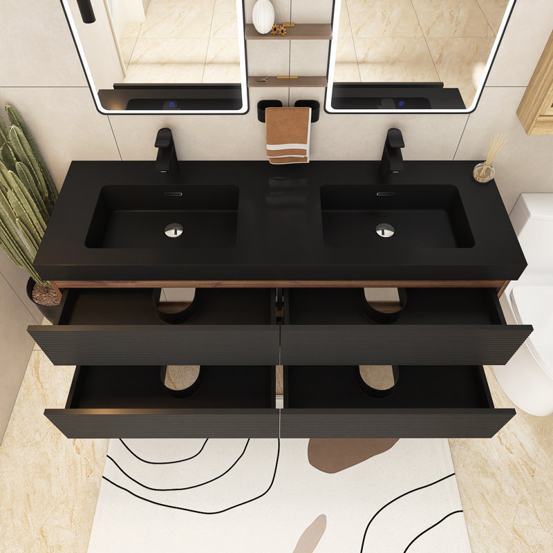 Ensemble de meuble-lavabo double 60 po avec comptoir en quartz 60 po, Noir/noyer, 60"
