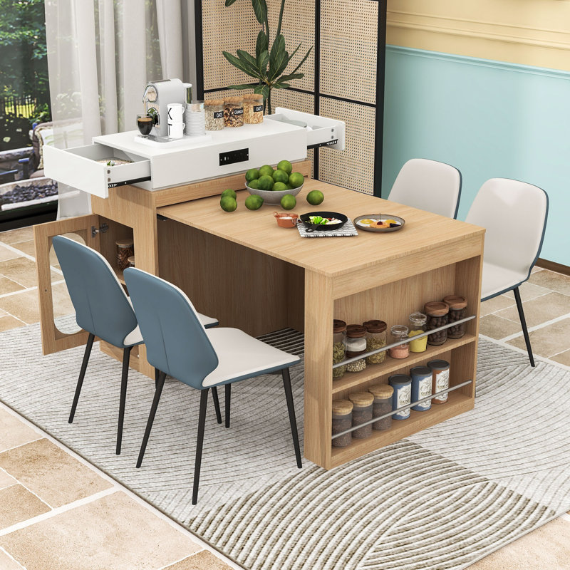 Îlot de cuisine roulant extensible avec table rabattable, prise de courant encastrée et armoire vitrée, Naturel