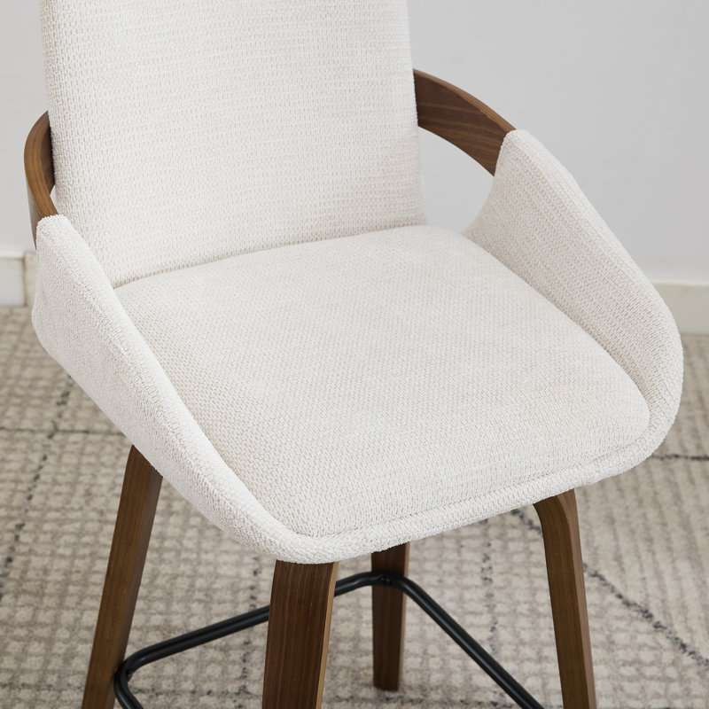 26" Swivel Upholstered Counter Stool with Walnut-Finish Bentwood Wraparound Back, Beige, 2