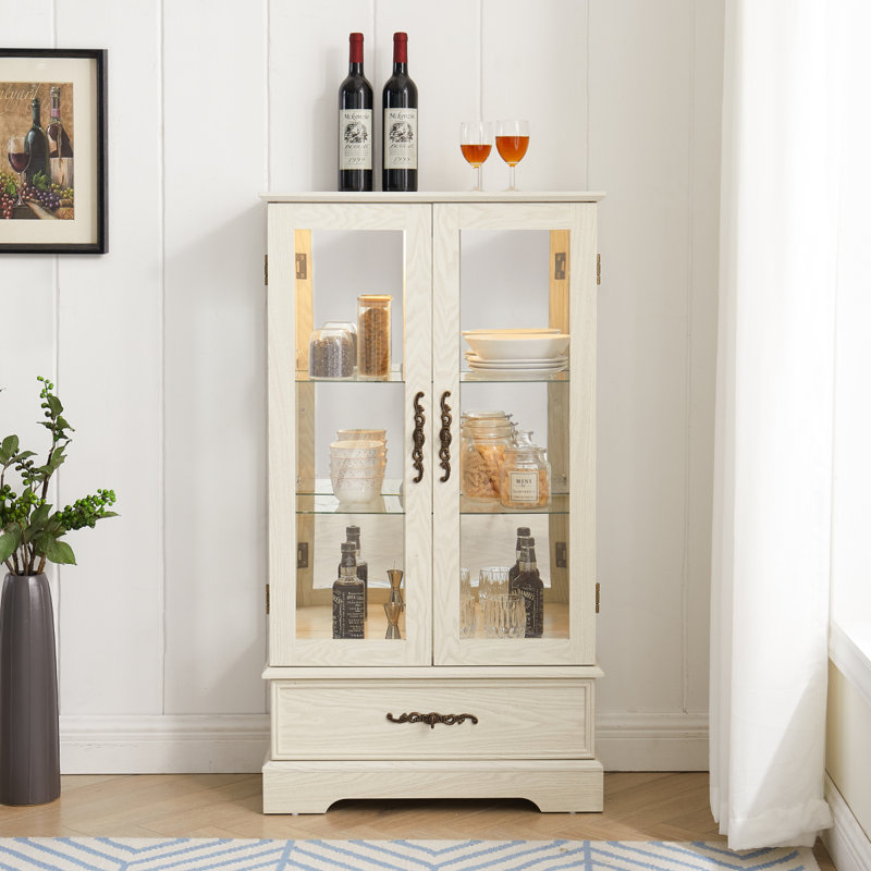 Vitrine lumineuse en verre avec tablettes réglables, Blanc, No