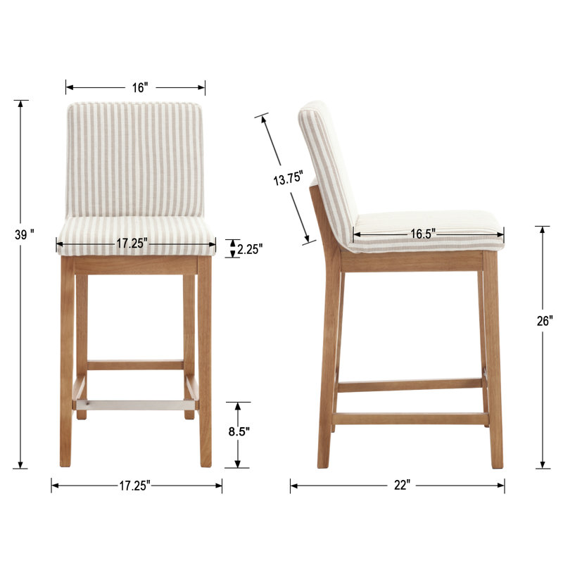 Alayha Upholstered 26'' Counter Bar Stools with Solid Wood Frame Set of 2, Beige Stripe