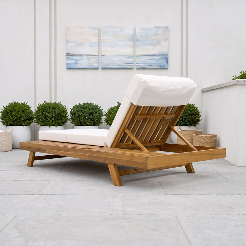 Ensemble de chaises longues en bois avec coussins et appui-tête, Teck crème