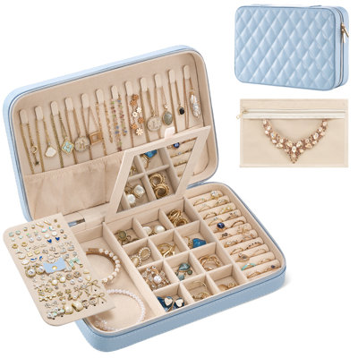 Travel Jewelry Case for Women Girls, Large Jewelry Box Organizer with Mirror & Clear Storage Bag