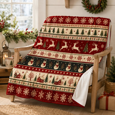Reindeer Nordic Christmas Blanket with Snowmen, Pine Trees, Snowflakes and Winter Cabins, Flannel Throw for Sofa, Bed and Rustic Holiday Lodge Styling, 30 x 40 in