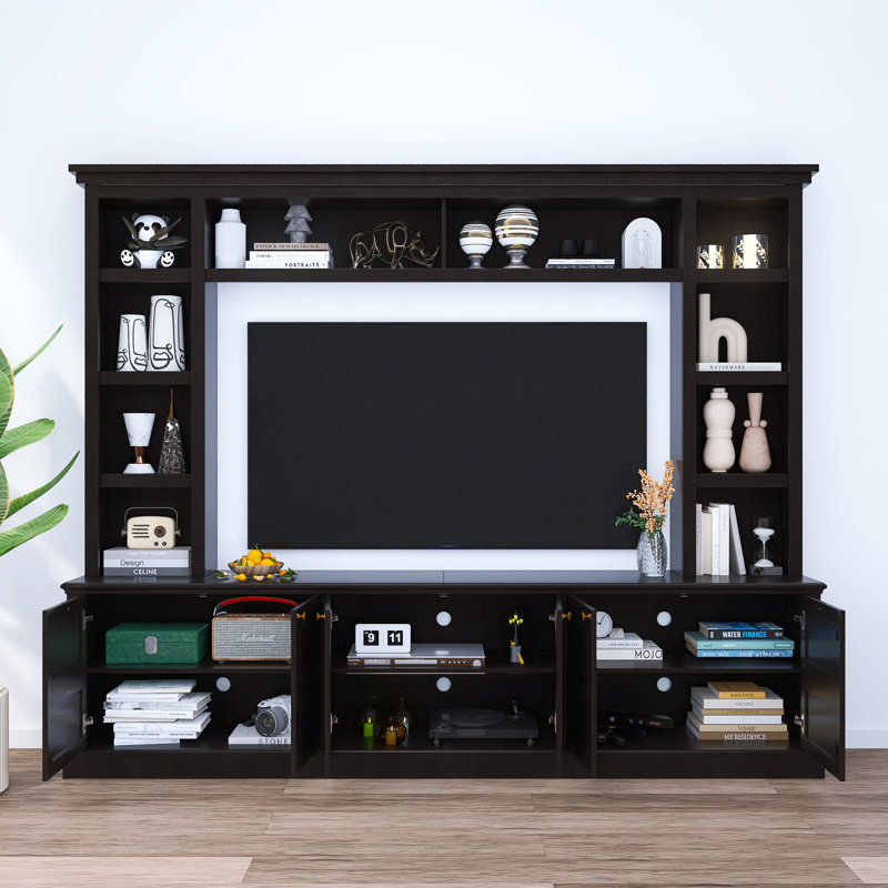 Meuble télé moderne avec meuble télé l 95 po et bibliothèque pour téléviseur de 70 po ou moins, Noir