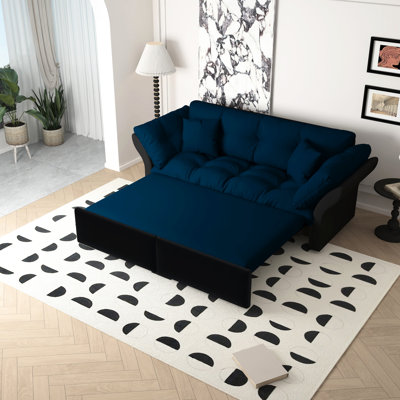 74.8" Queen 3 - In 1 Convertible Blue Velvet Sleeper Bed, 2 Soft Pillows, Comfortable Seating, Space Saving Design Velvet, Function, Resting, Easy Setup