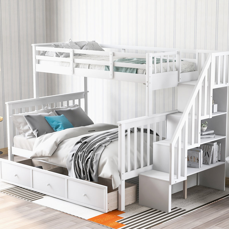 Lit superposé simple à escalier avec tiroir, garde-corps et rangement, idéal pour les invités qui passent la nuit dans la chambre à coucher, rangement d'escalier solide, rail, dortoir à tiroirs à assemblage requis, plusieurs compartiments,