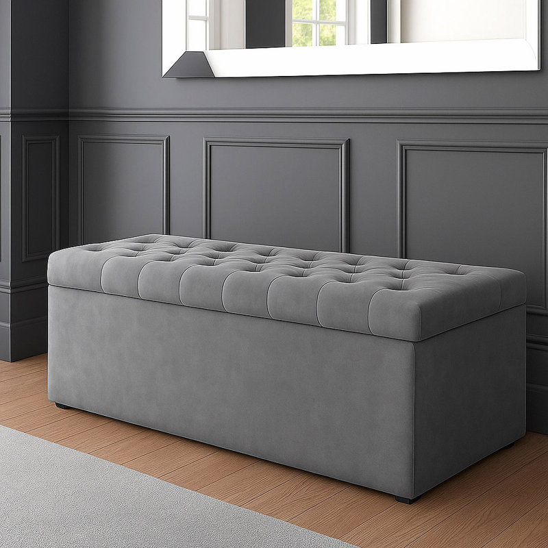 SD Plush Velvet Chesterfield Upholstered Ottoman Storage Box, 43cm H x 137cm W x 40cm D, Grey