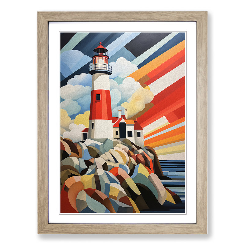 Lighthouse Constructivism - Single Picture Frame Print on Wood, Oak, 64cm H x 46cm W x 2cm D