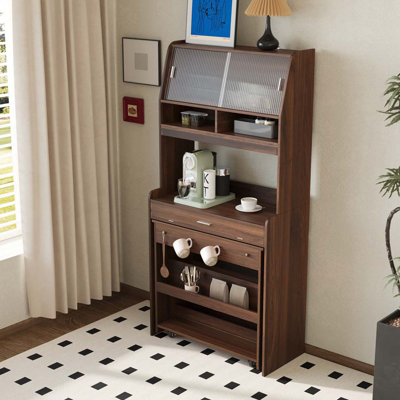A Foldable Dining Table With A Top Cabinet And A Multi-Functional Sideboard, Brown