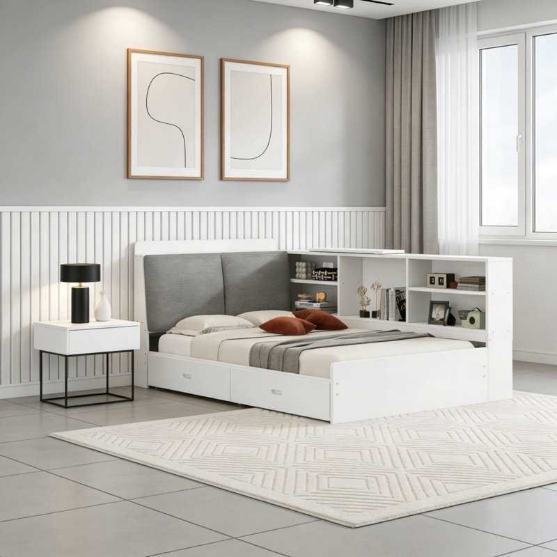 Lit plateforme en bois avec tête de lit
