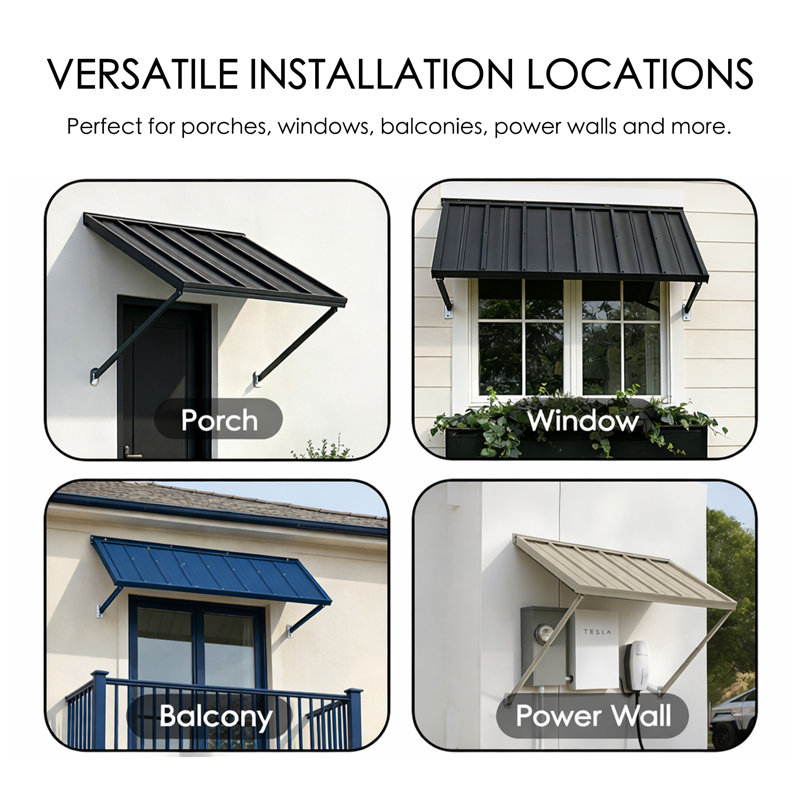 Kozyard Adjustable Door Window Awning – 4-Level Tilt, 42" W × 32" Sloped Panel, Adjustable Projection 22"–31", Aluminum Frame & Metal Canopy, All-Weather Rain, Snow & UV Protection (Dark Gray)
