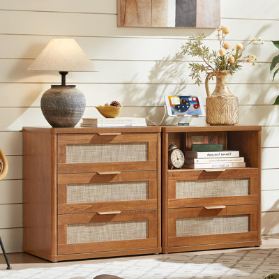 Rattan Nightstand Set of 2, Boho Wood Bedside Tables, 2-Drawer Nightstand with Charging Station and 3-Drawer Nightstand, Tea Brown