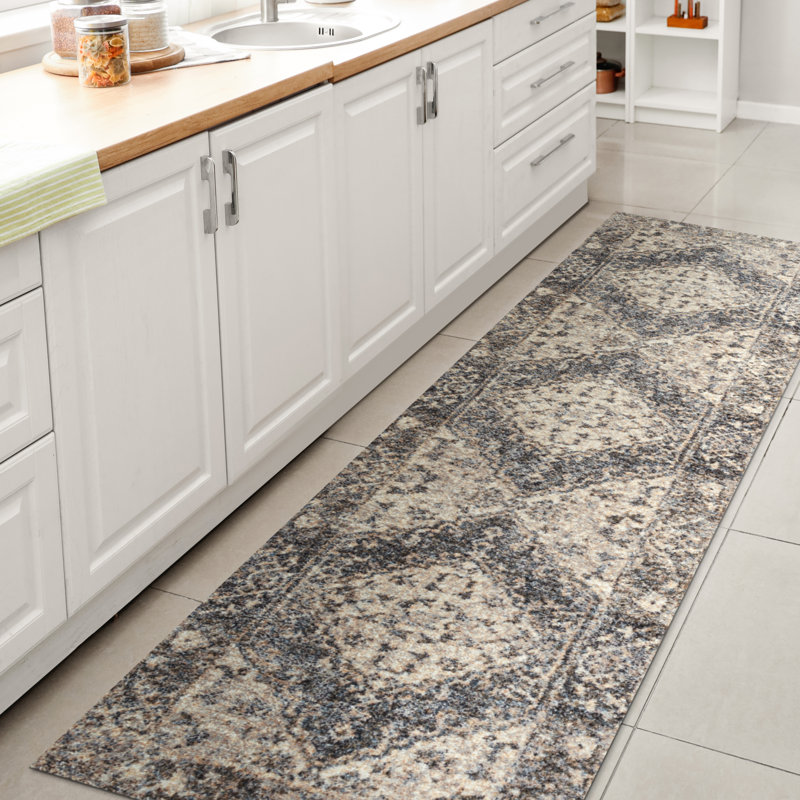Pavel Distressed Medallion Low-Pile Machine-Washable Blue/Cream Rug, Runner 2' x 7'10"