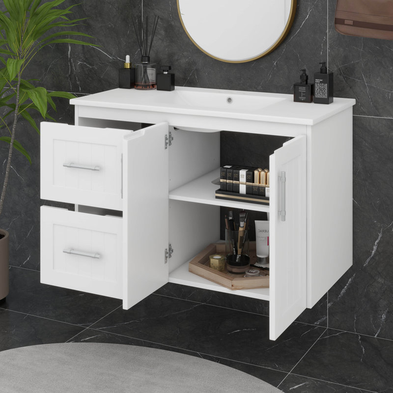 Meuble-lavabo mural 36 po, armoire de rangement flottante avec 2 tiroirs, lavabo 3 trous, tablette réglable, Blanc