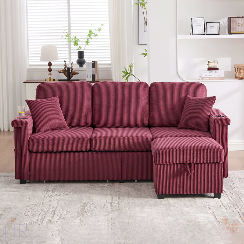 L-Shaped Sectional Sofa With Pull-Out Storage, Ottoman & Pillows, USB Charging, Cup Holder, Convertible Design For Living Room, Apartment, Corduroy Fabric