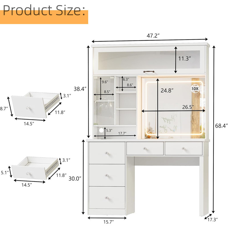 Coiffeuse de maquillage avec miroir lumineux à DEL, bureau de coiffeuse avec station de charge, coiffeuse blanche avec grandes tablettes