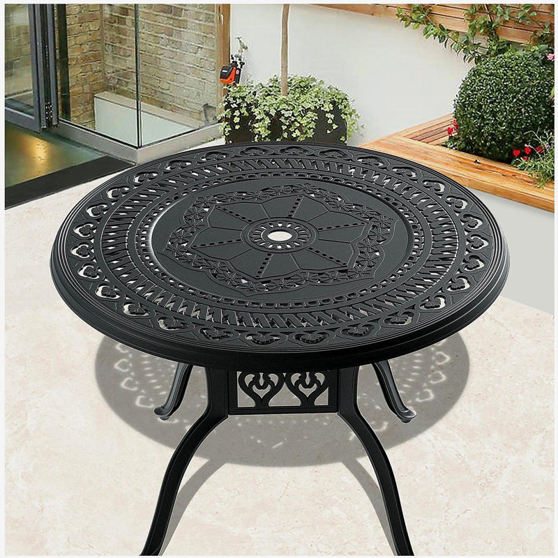 Table de salle à manger 39,37 pouces en fonte d'aluminium avec structure noire et trou pour parasol